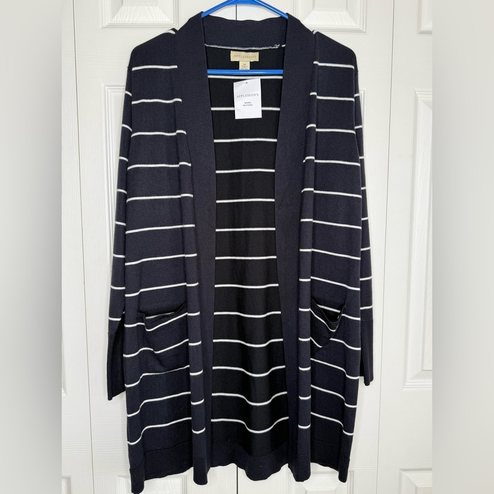Cardigan Sweater Appleseed's Open Front Black White Stripe Thigh Length Sz Med